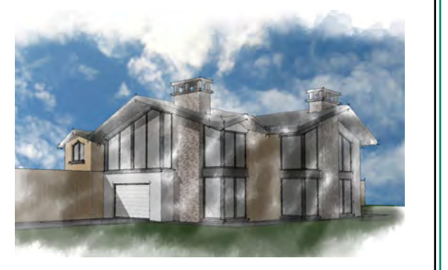 An architectural perspective sketch showing the exterior elevation of a large, modern detached dwelling with a garage and chimneys.