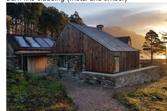 A photorealistic rendering or photograph of a rural dwelling featuring stone and timber cladding with solar panels on an attached section.