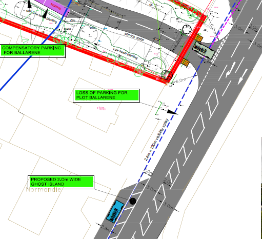 A technical site plan detailing road access arrangements, including a service lane, proposed traffic island, and parking provisions for a development plot.