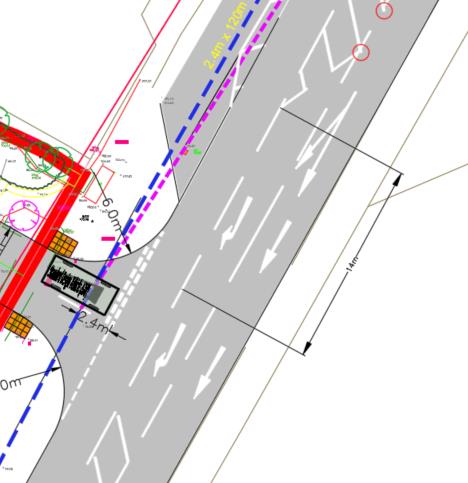 A technical site plan section showing road markings, access measurements, and property boundaries with colored lines.