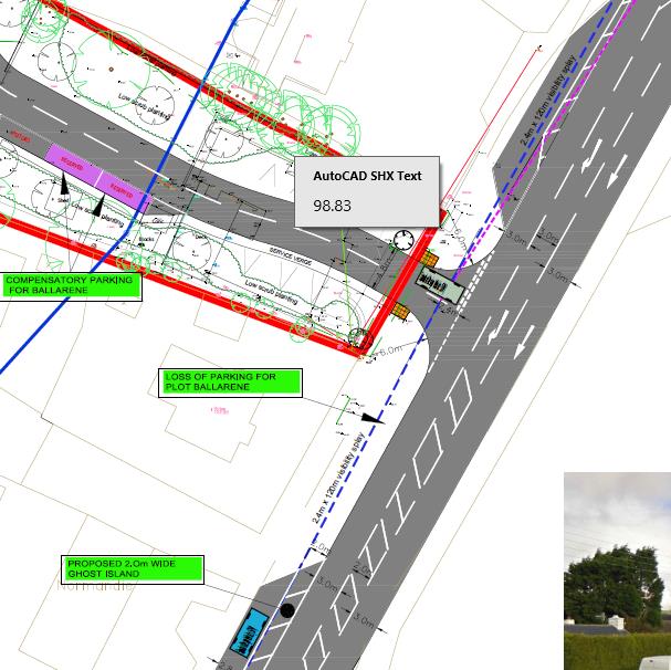 A technical site plan showing road access arrangements, parking slots, and boundary lines with annotations regarding compensatory parking and ghost islands.