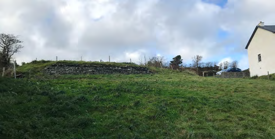 A photograph showing a grassy slope with a dry stone wall and the side of a white house on the right.