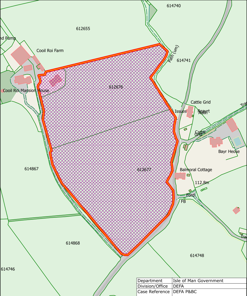 A planning map showing a large land parcel outlined in red with purple hatching, located near Cooil Roi Farm and Balmoral Cottage.