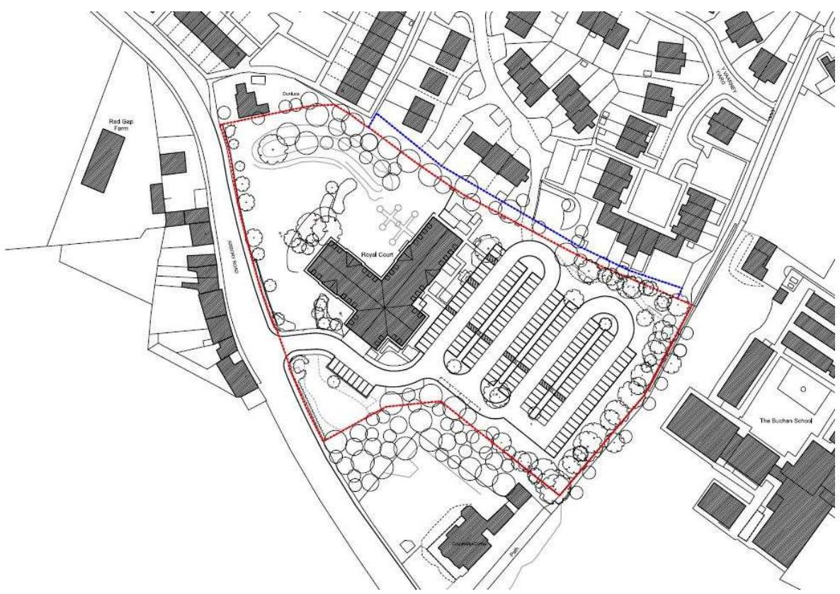 A black and white site plan showing the layout of 'Royal Court' with surrounding buildings, parking areas, and landscaping.