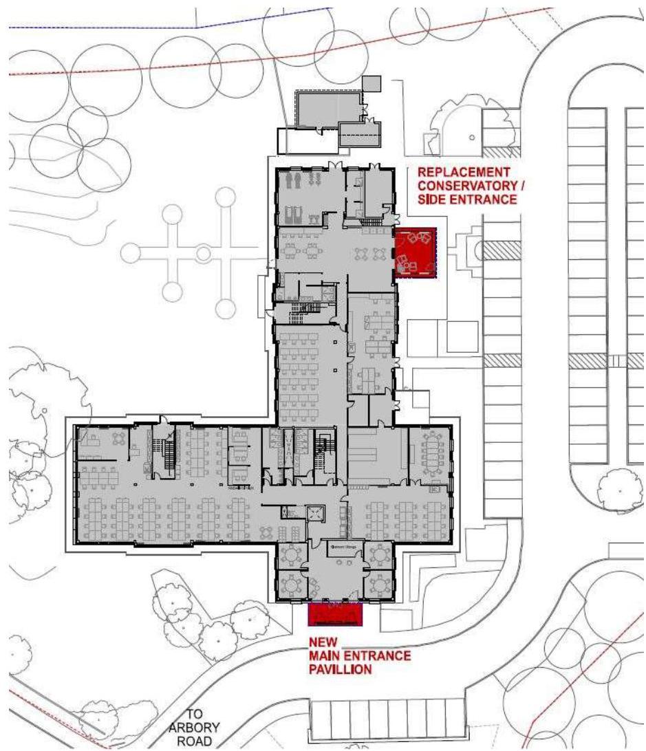 An architectural floor plan showing the internal layout of a building with red annotations highlighting a new main entrance pavilion and a replacement conservatory. The plan includes surrounding landscaping, parking s...