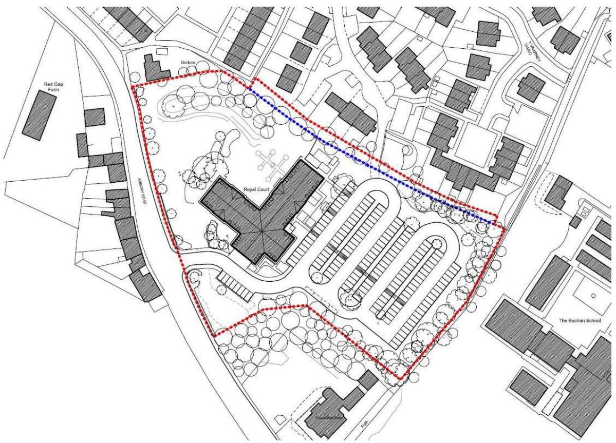 This image displays a site plan for the Royal Court, illustrating the layout of new parking spaces, landscaping features, and boundary lines.