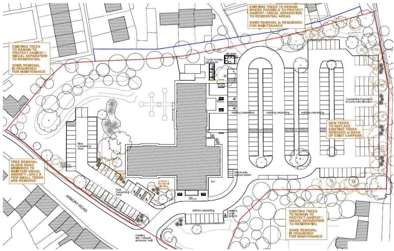 A detailed site plan illustrating the layout for a new car parking extension, including tree replacement and landscaping details.