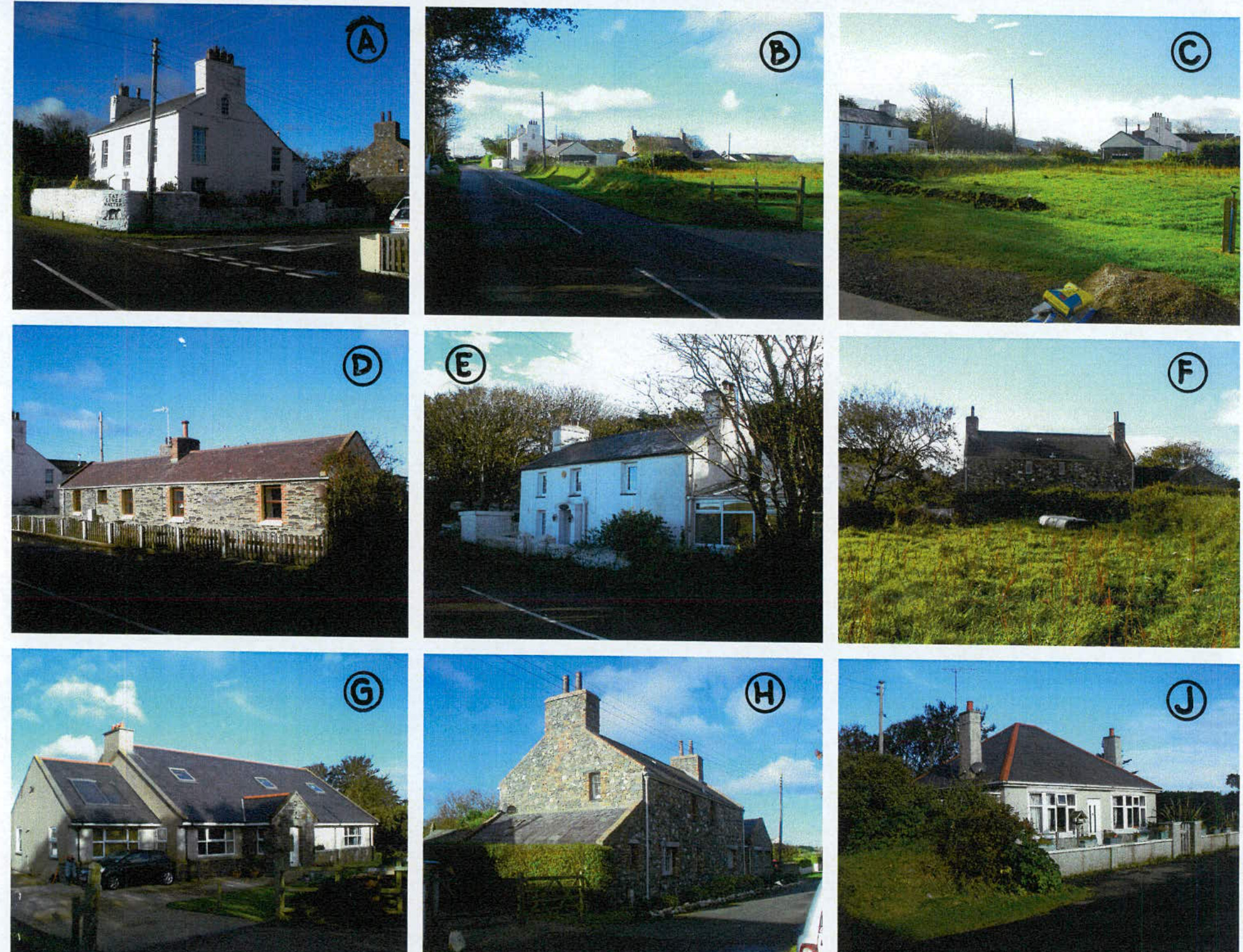 A composite sheet of nine labeled photographs depicting various rural houses, fields, and surrounding landscape scenes.