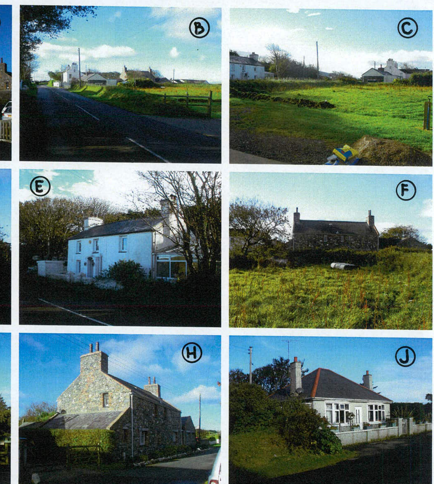 A composite sheet of photographs labeled B, C, E, F, H, and J showing various rural buildings, fields, and road views.