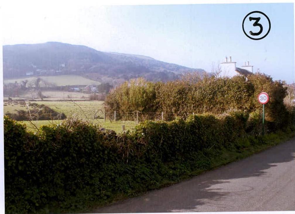 A photograph showing a rural road scene with a hedge, a speed limit sign, and a view of agricultural fields and a hill in the background.