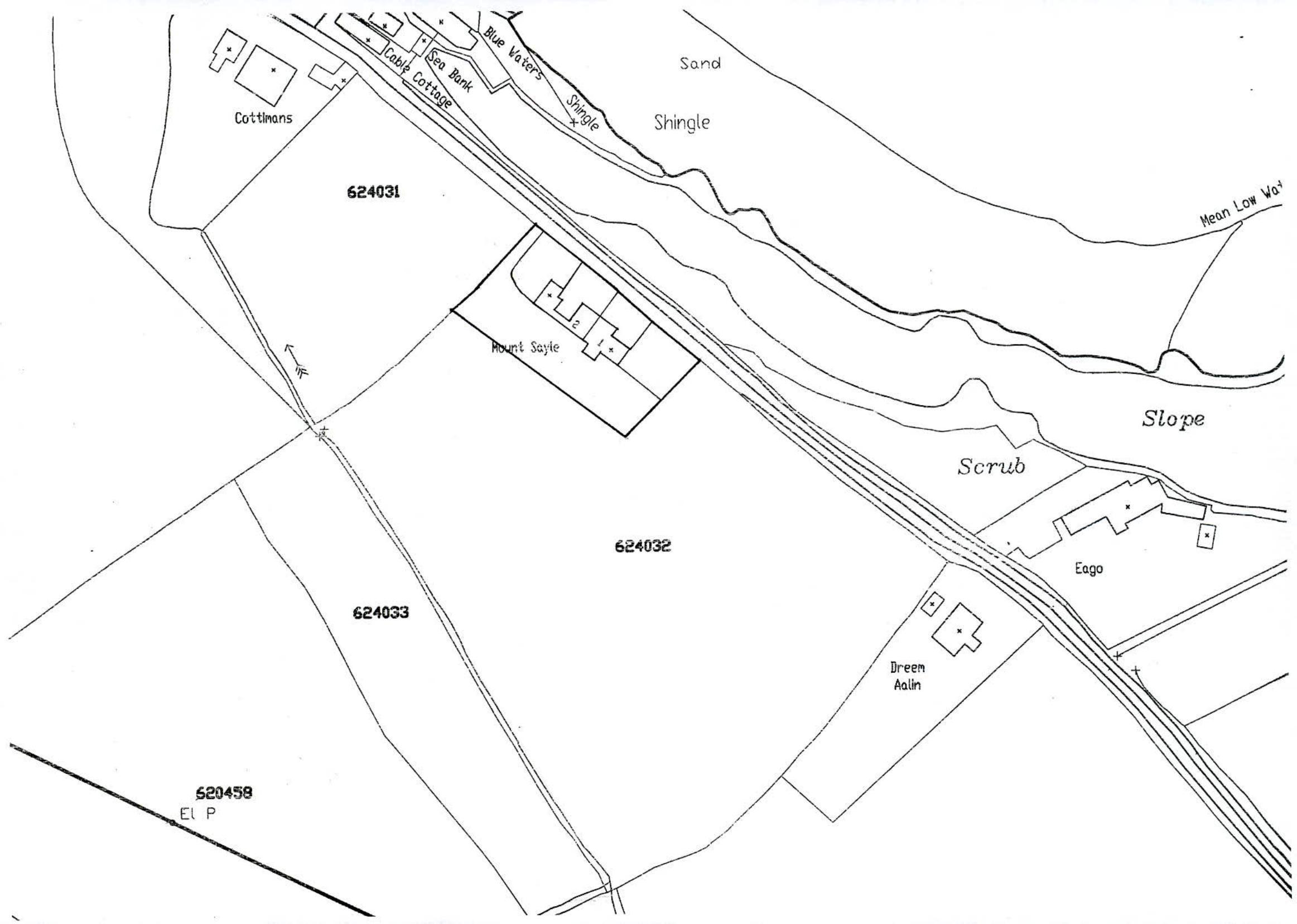 A black and white site plan showing land parcels, field boundaries, and surrounding buildings near a coastal area with features like shingle and sand.