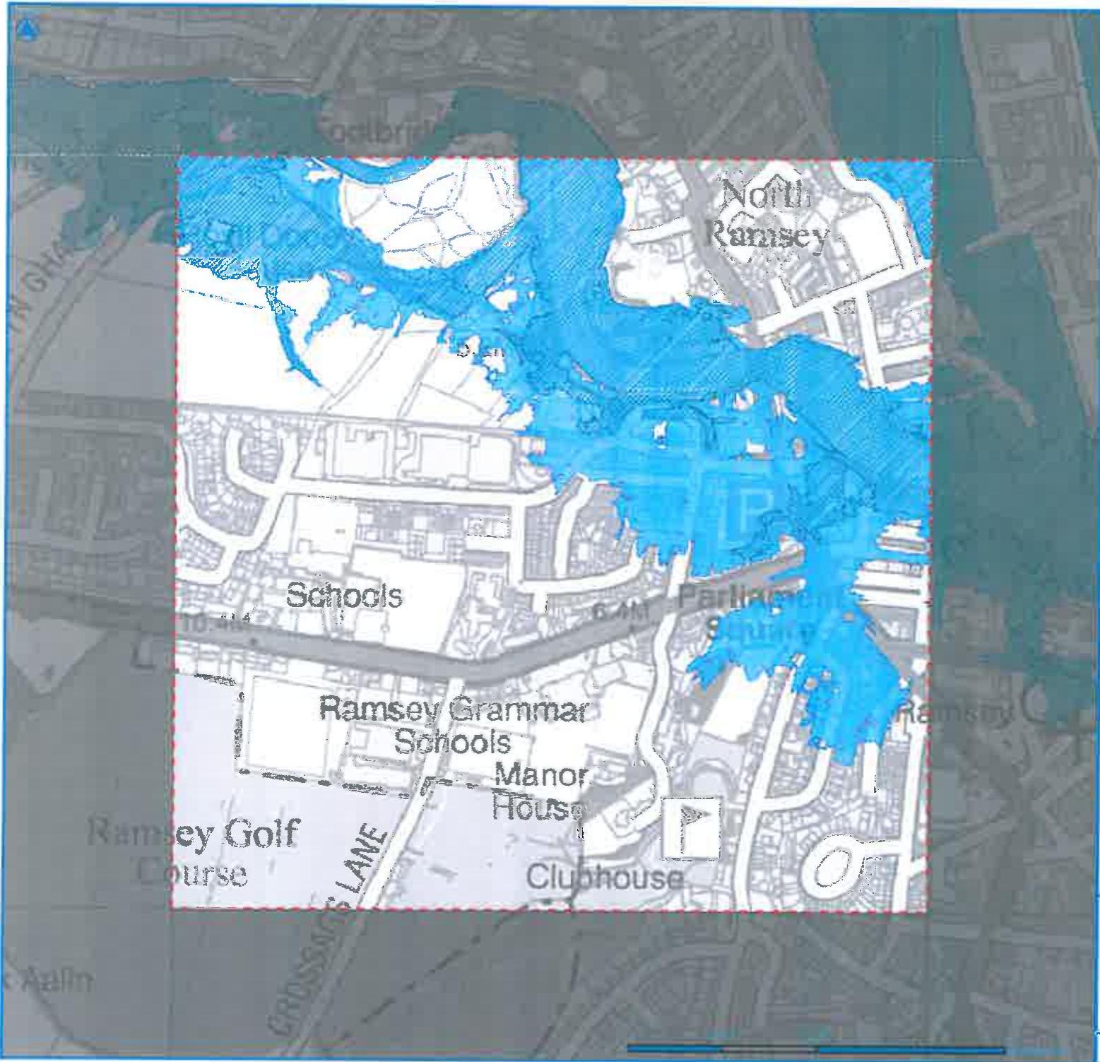A digital map displaying a blue flood risk overlay over the Ramsey area, highlighting locations like the Golf Course and Schools within a red dashed boundary.