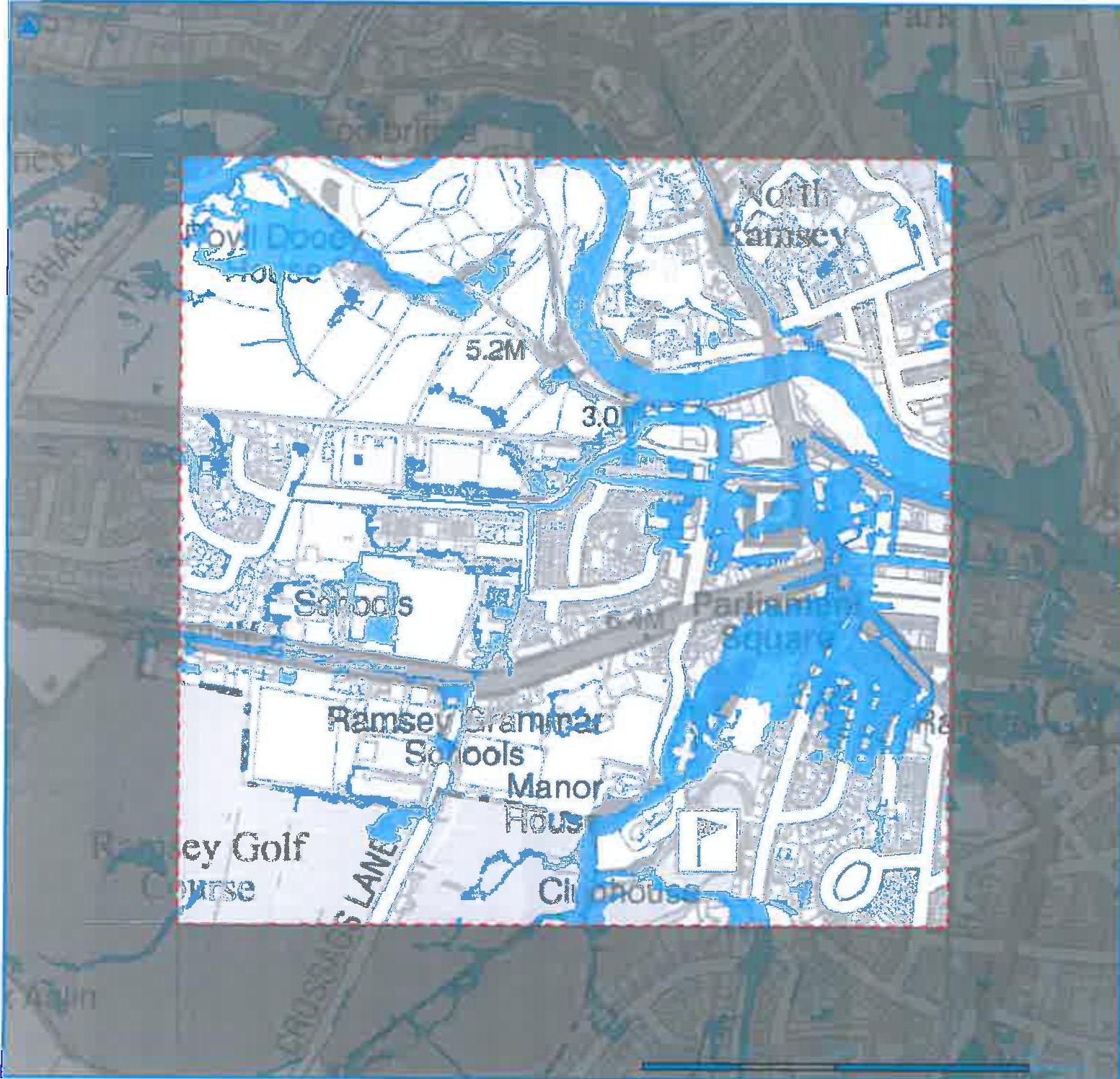 An aerial map of the Ramsey area displaying blue flood risk zones overlaid on the terrain, with labels for local landmarks like schools and a golf course.