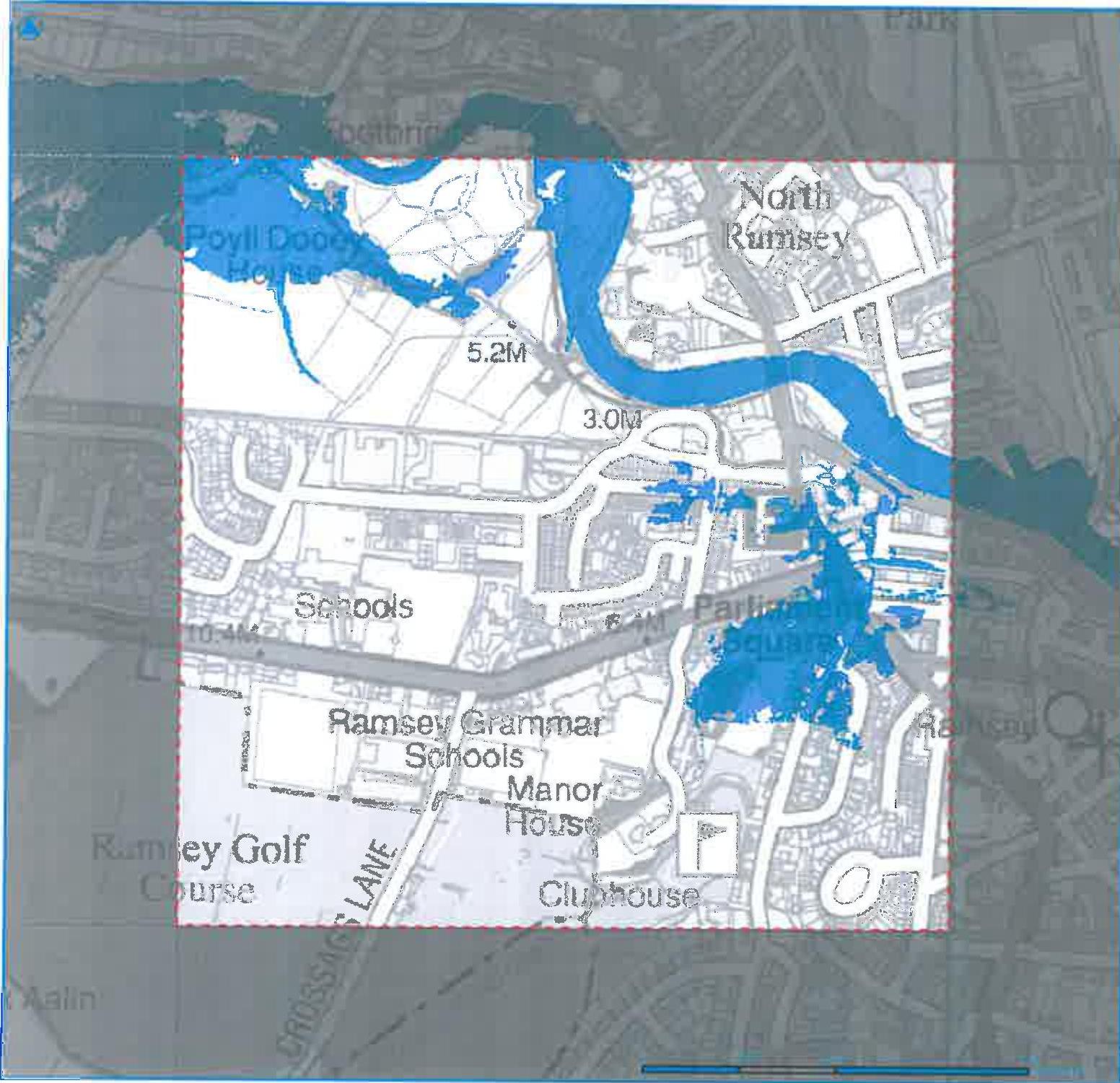 A flood risk map displaying water depth levels and surrounding landmarks like Ramsey Grammar Schools and North Ramsey.
