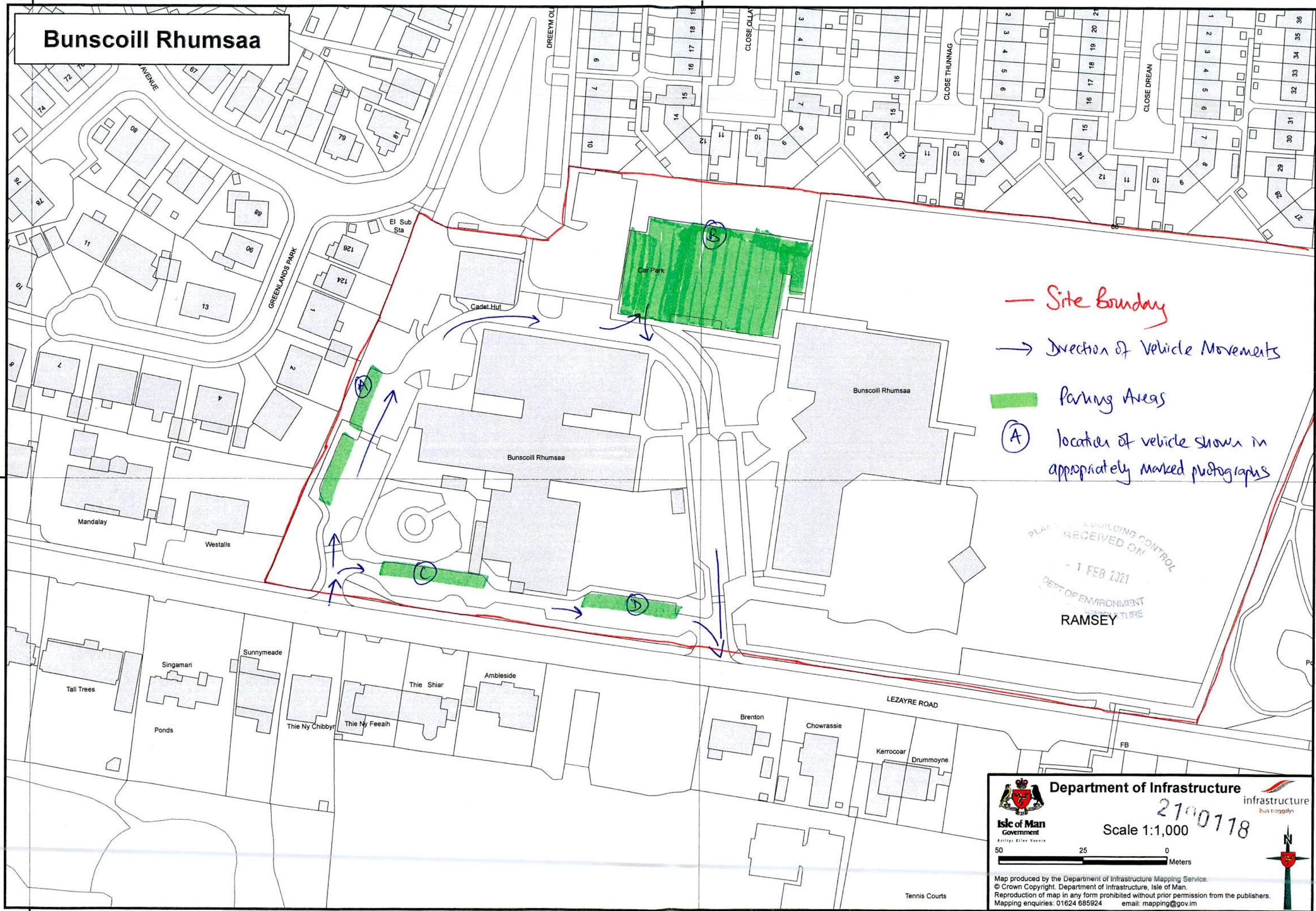 A site plan for Bunscoill Rhumsaa showing the layout of buildings and roads, with specific parking areas highlighted in green and annotated with vehicle movement directions.