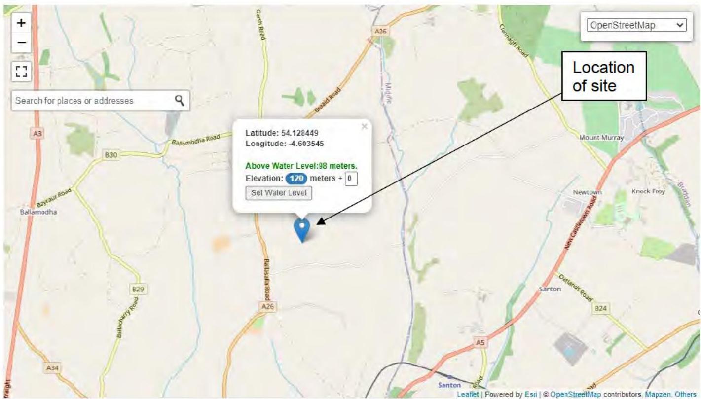 A digital map interface displaying the specific location of a site with a blue pin marker, coordinates, and elevation data.