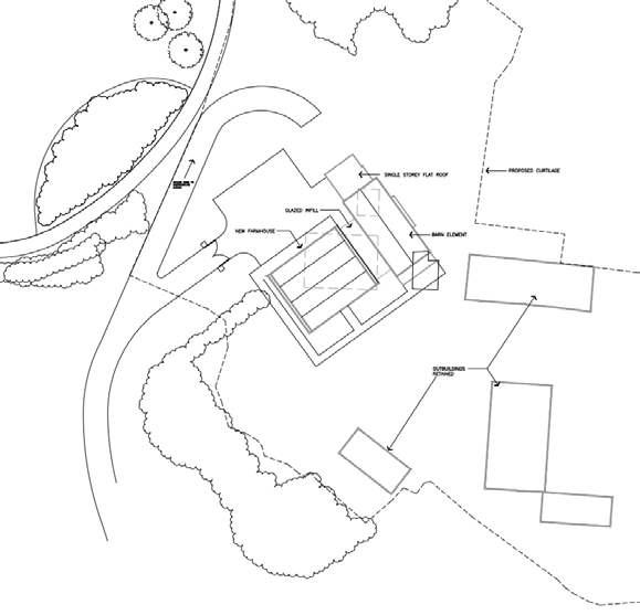 A black and white site plan illustrating the proposed layout of a new detached dwelling and associated outbuildings within a curtilage.