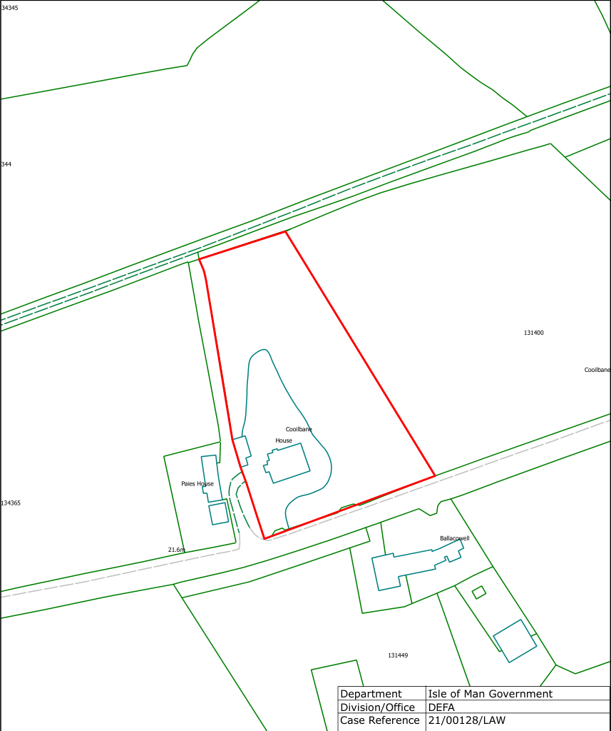 A site plan displaying the red-outlined property boundary for Cooilbane House, situated in a rural setting with neighboring properties visible.