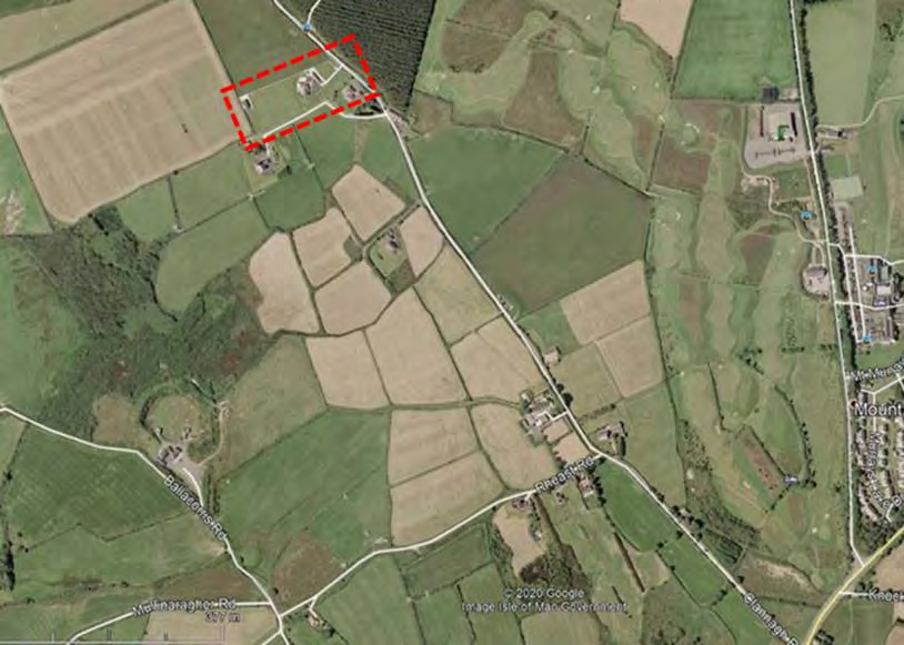 An aerial site location map showing a rural property outlined in red dashed lines amidst agricultural fields and roads.