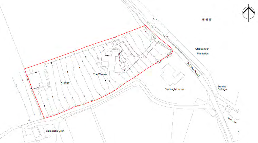 A site location plan showing a property boundary outlined in red, featuring contour lines and surrounding buildings like Clannagh House.