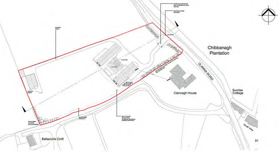 A site plan illustrating the proposed replacement dwelling and landscaping within a red boundary line, showing proximity to Clannagh House and Clanna Road.