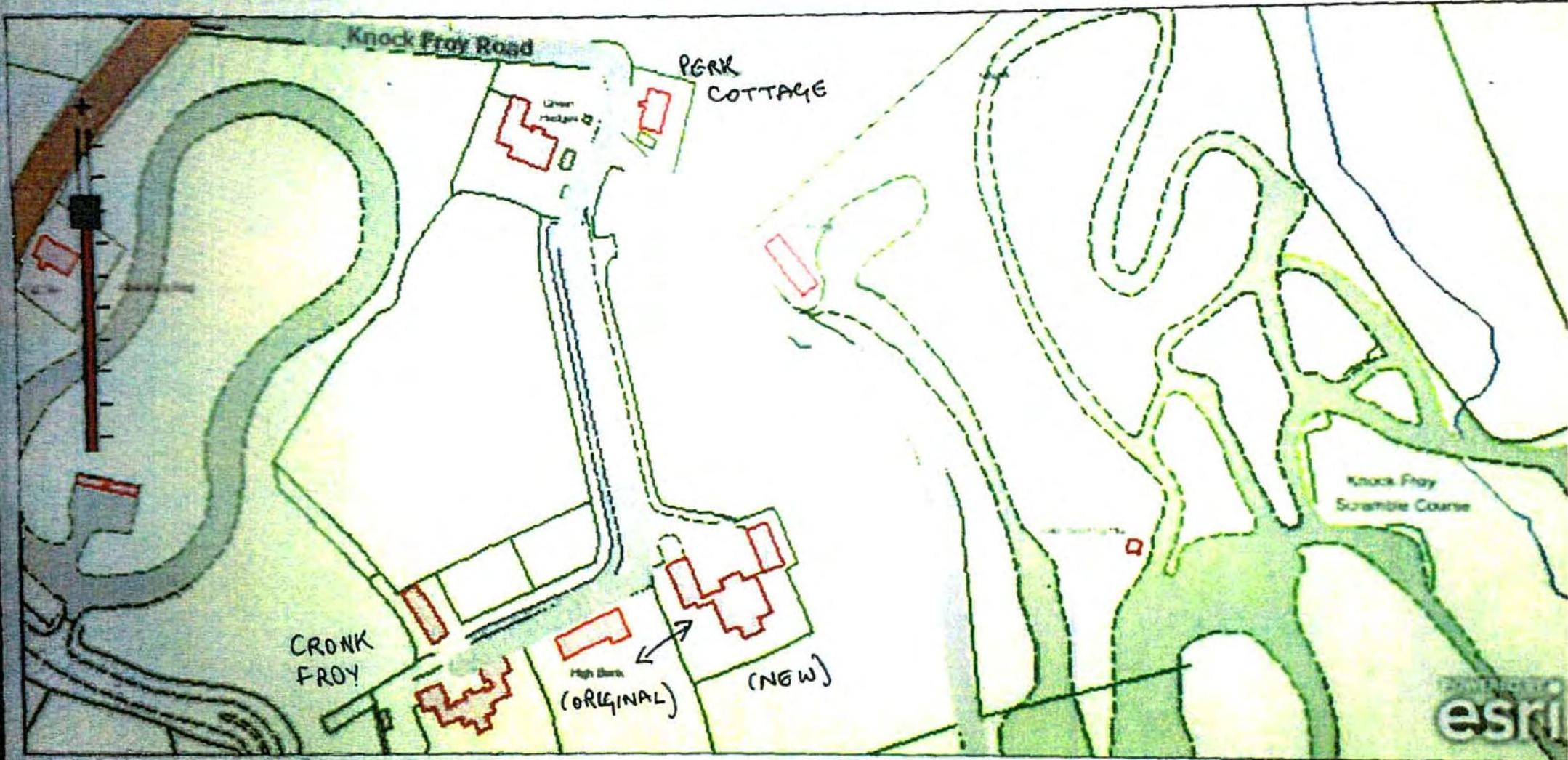 A hand-drawn site plan showing the location of a proposed new dwelling replacement next to an original high barn near Knock Froay Road.