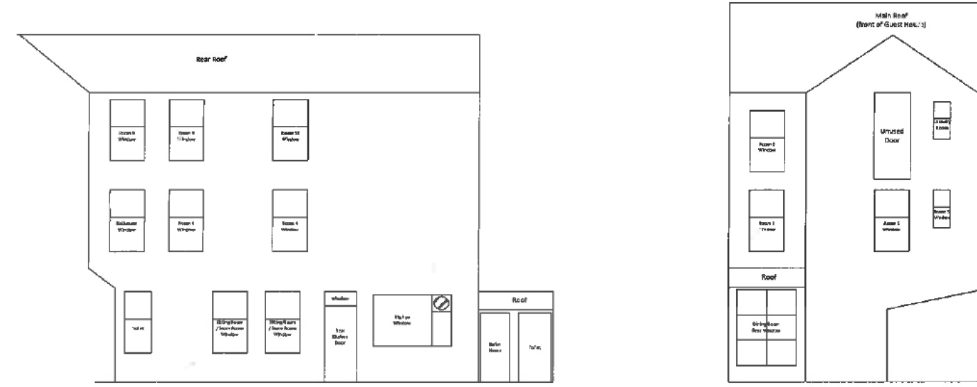Architectural drawings showing a roof plan layout and a cross-section of a building structure.