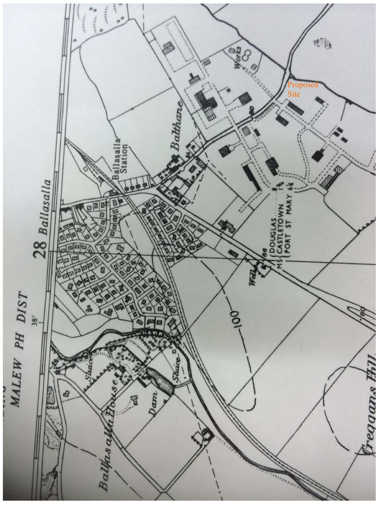 A black and white location map showing the proposed development site near Ballasalla Station and surrounding rural area with field boundaries and roads.