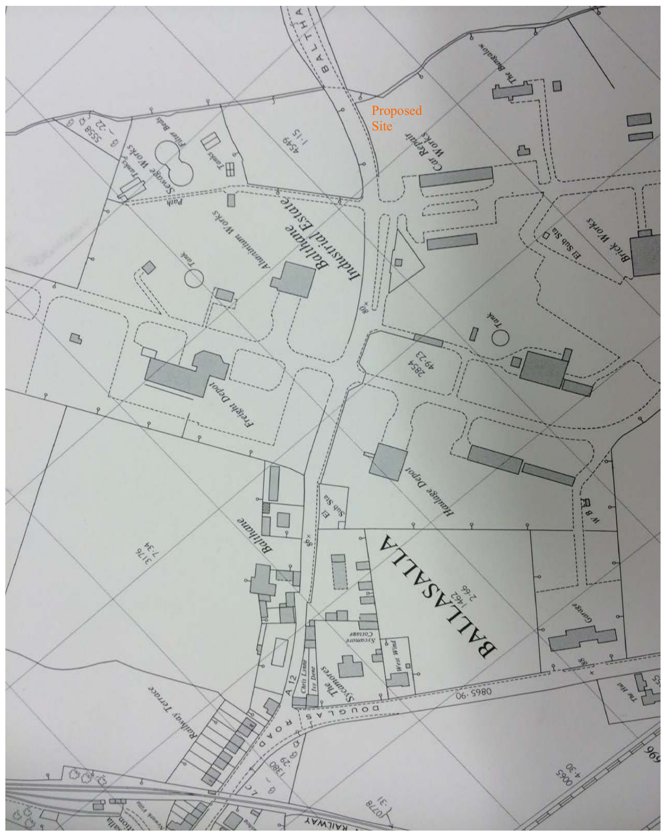 A site plan showing the location of a proposed industrial development within the Baltane Industrial Estate near Ballasalla, highlighting the proposed site and surrounding roads.