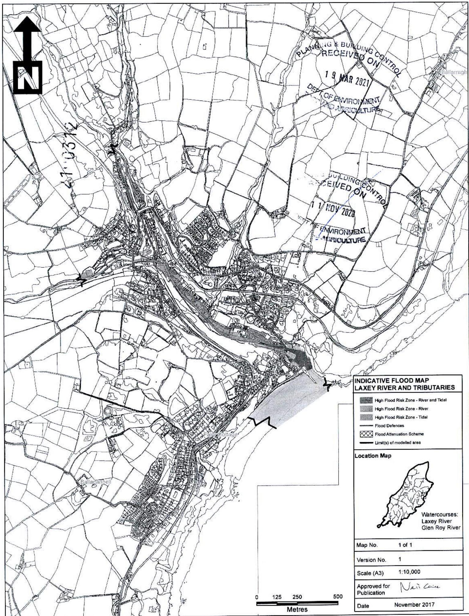 A black and white indicative flood map showing the Laxey River area with flood risk zones, field boundaries, and a location inset of the Isle of Man.