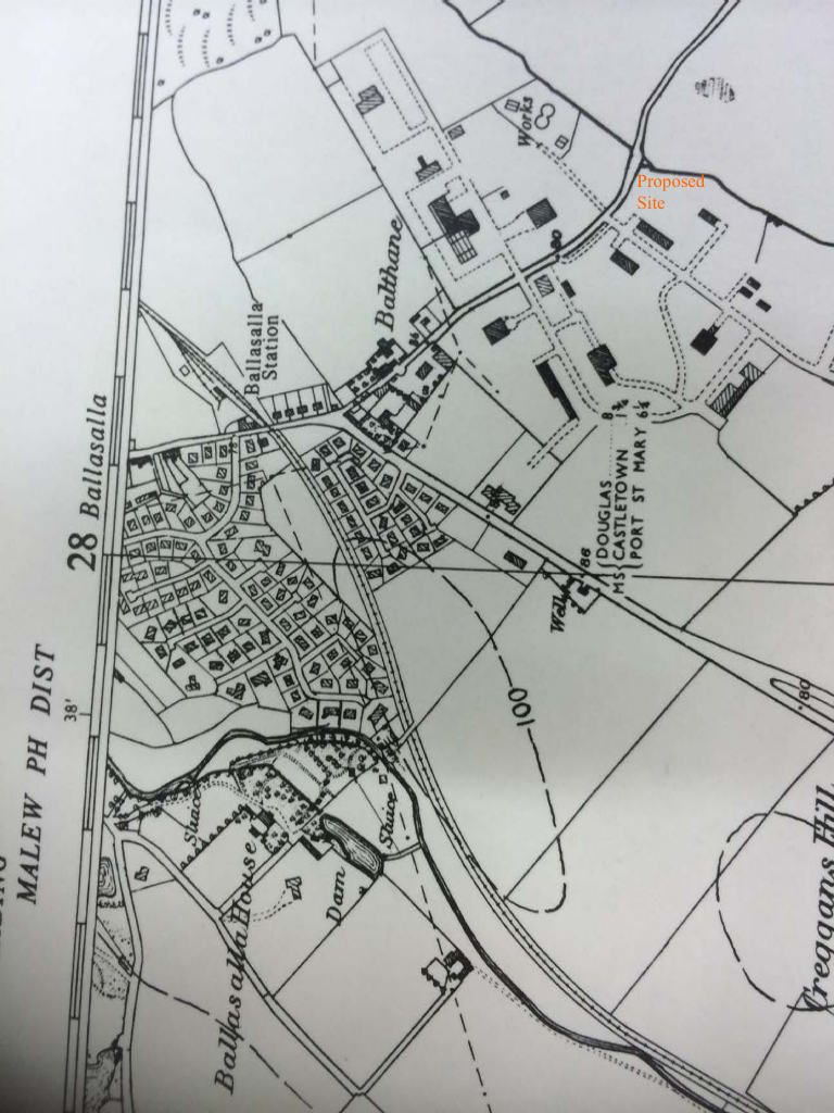 A black and white site location map showing the area around Ballasalla Station and Ballasalla House, with a red label indicating the 'Proposed Site'.