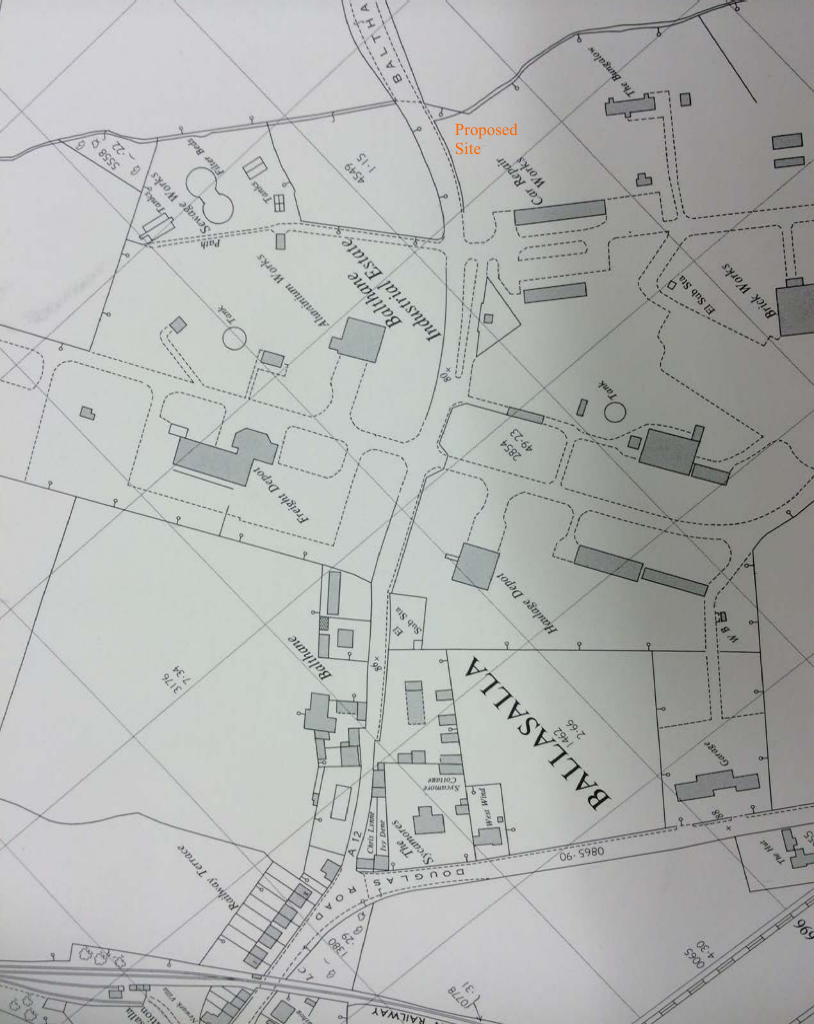 A site plan showing the proposed development area labeled 'Proposed Site' within the Baltane Industrial Estate and surrounding areas like Baltasalla.