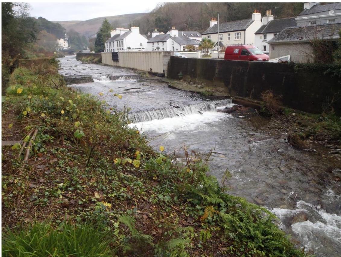 A photograph showing a river flowing through a village with a low weir structure and houses lining the right bank.