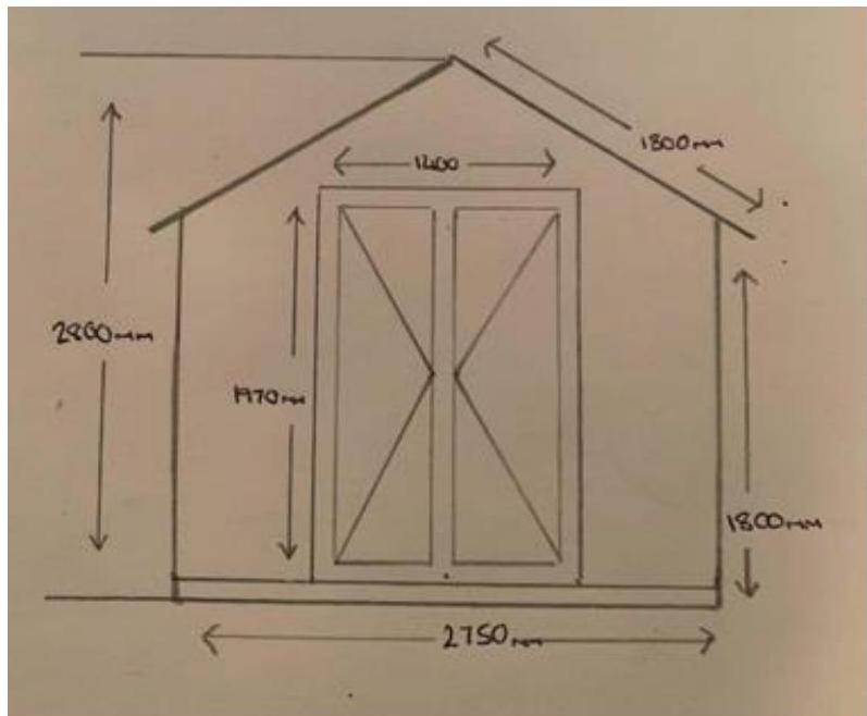 A hand-drawn elevation sketch of a small timber beach hut showing dimensions for width, height, and door size.