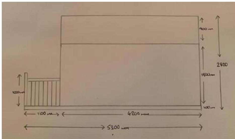 A hand-drawn elevation sketch of a small structure, likely a beach hut, showing dimensions for width, height, and a deck area.