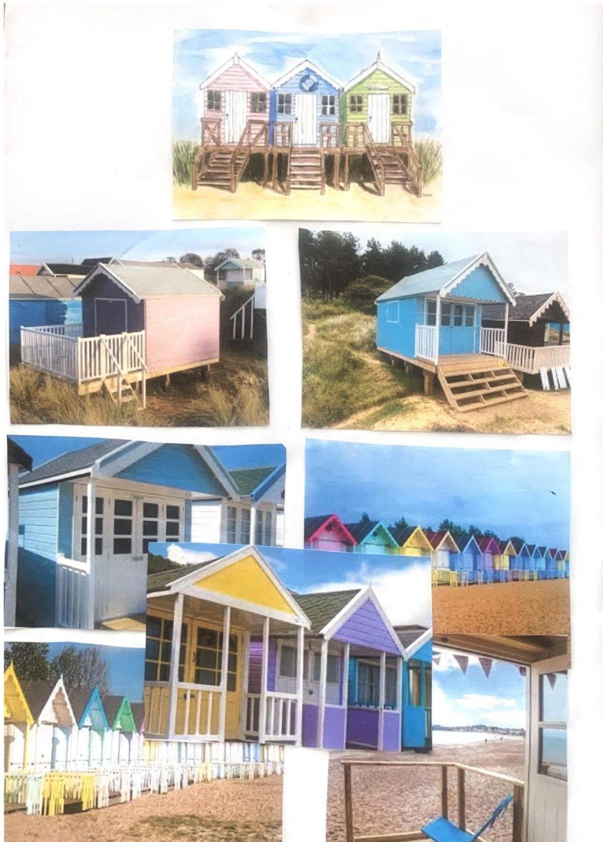 A collage of reference images showing various colorful timber beach huts in coastal settings, likely used to illustrate the proposed design for the planning application.