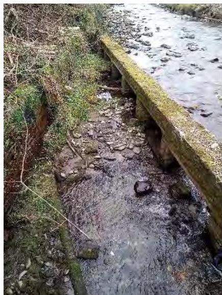 A photograph showing a concrete structure, possibly a small bridge or retaining wall, alongside a rocky stream with vegetation on the bank.