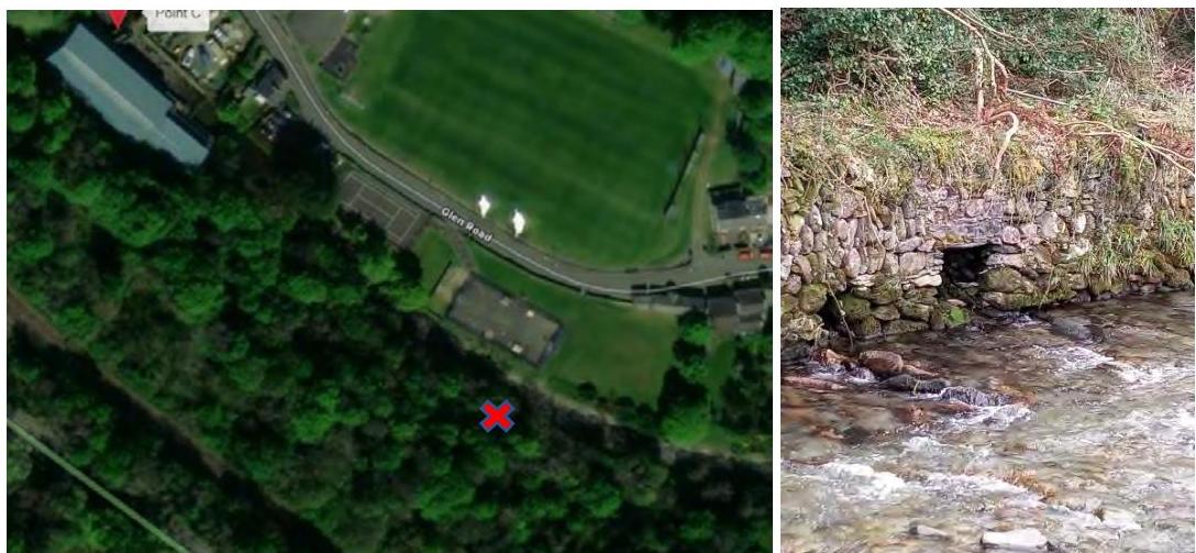 A composite image showing an aerial site location map with a red marker on the left and a photograph of a stone culvert or wall structure in a stream on the right.