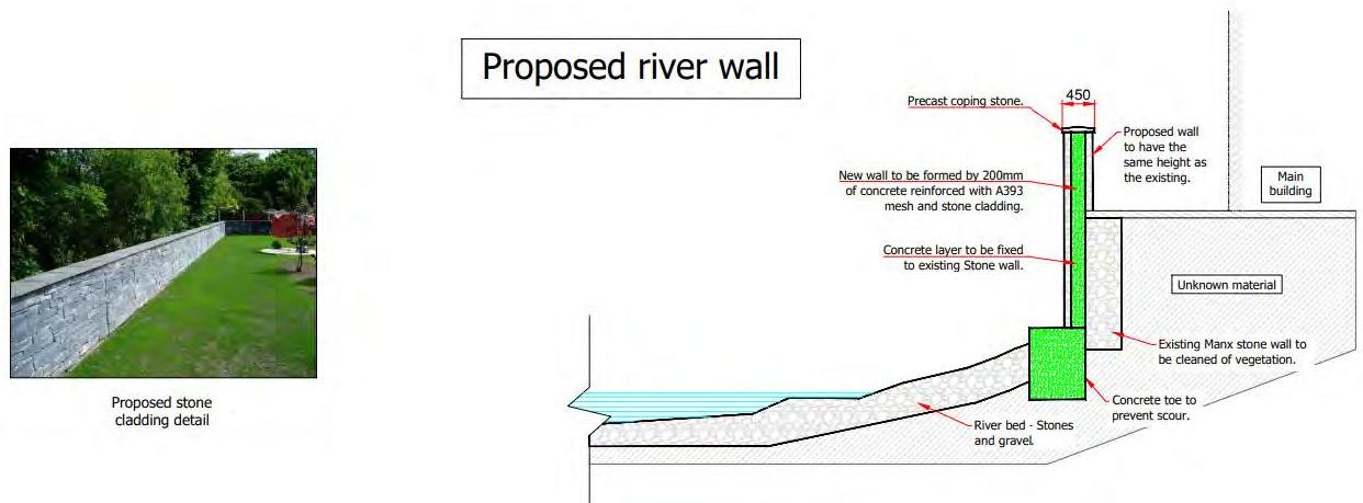 The image displays a technical cross-section drawing detailing the construction of a proposed river wall with stone cladding, alongside a small reference photograph of a stone wall.