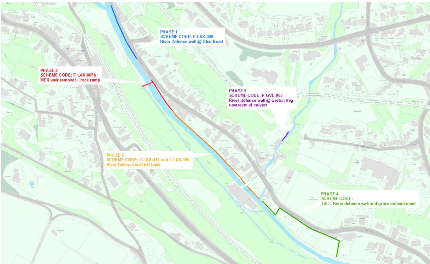 A site plan map illustrating various phases of river defence wall construction and weir removal along a watercourse.