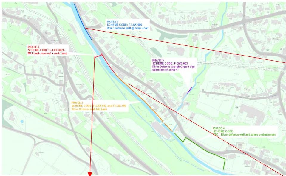 This image displays a site plan map detailing proposed river defence works along a watercourse, divided into numbered phases. Colored lines indicate specific interventions such as wall removal, rock ramps, and embankm...