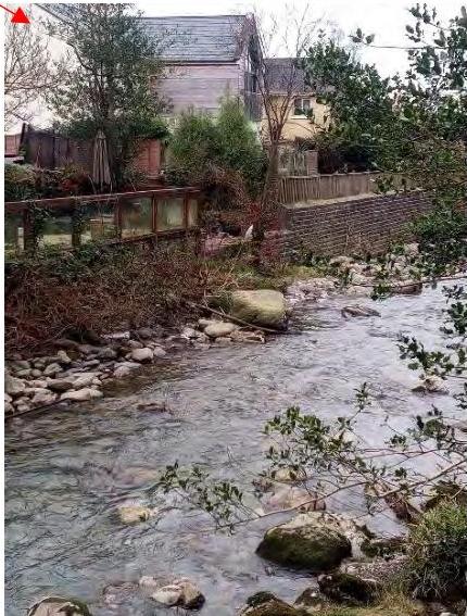 A photograph showing a rocky stream or river flowing in the foreground with residential buildings and fencing visible in the background.