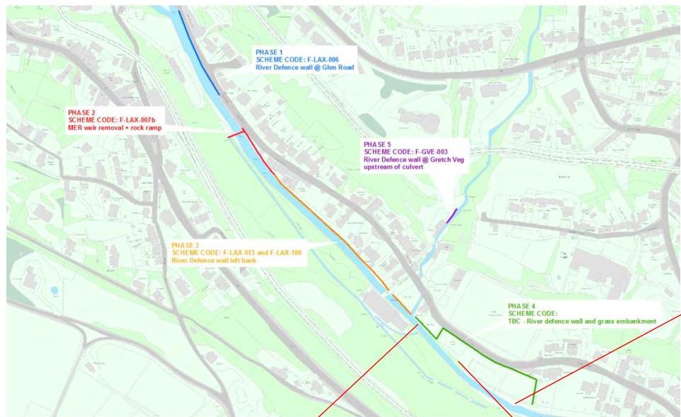 A site plan map illustrating proposed river defence works, including wall construction and removal phases along a watercourse.