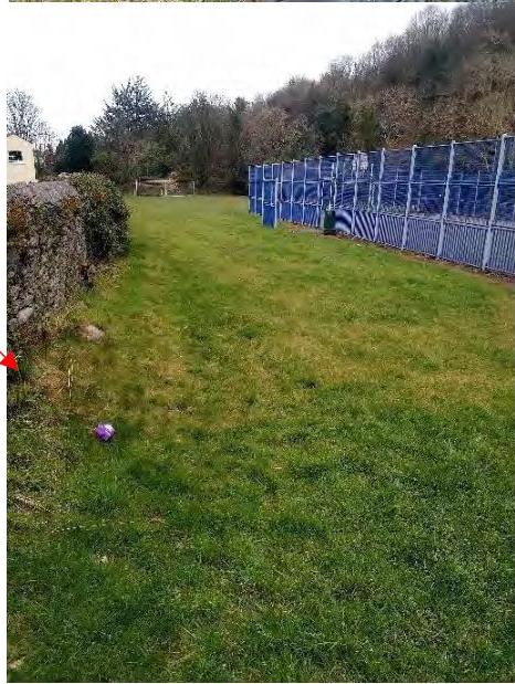 A photograph showing a grassy site bordered by a stone wall on the left and blue temporary fencing on the right.