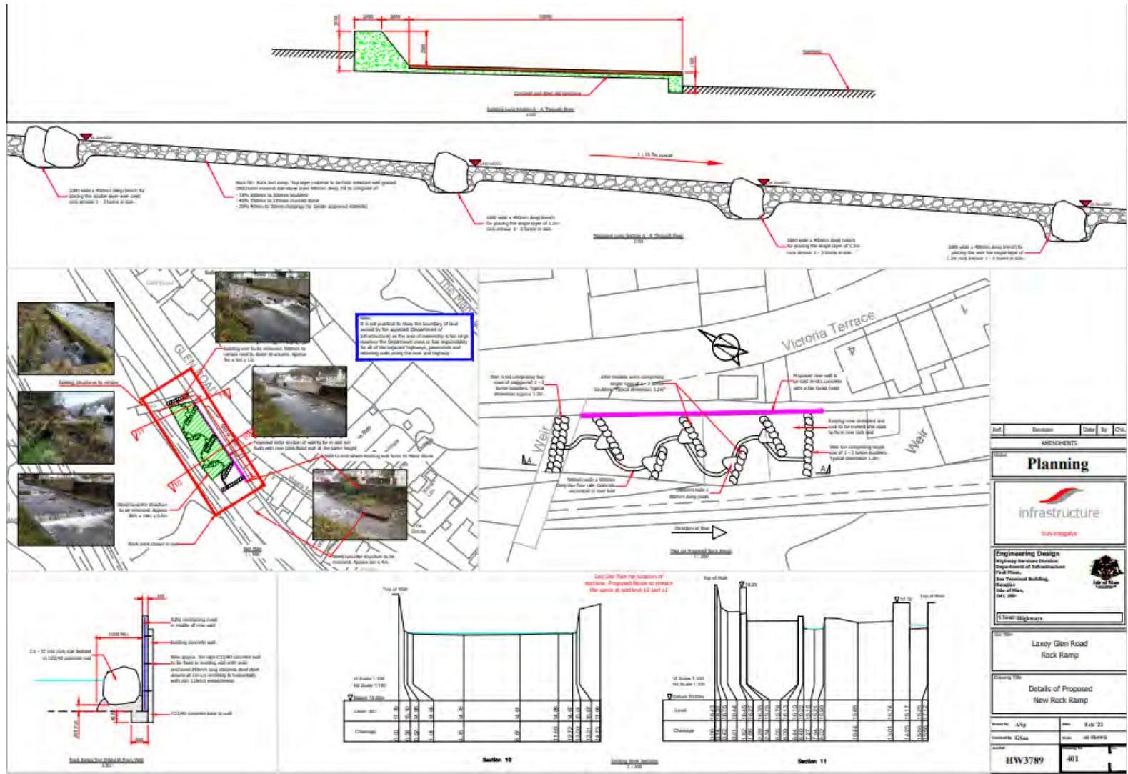A composite engineering drawing sheet featuring site plans, cross-sections, and detailed elevations for a proposed rock ramp and wall structure.