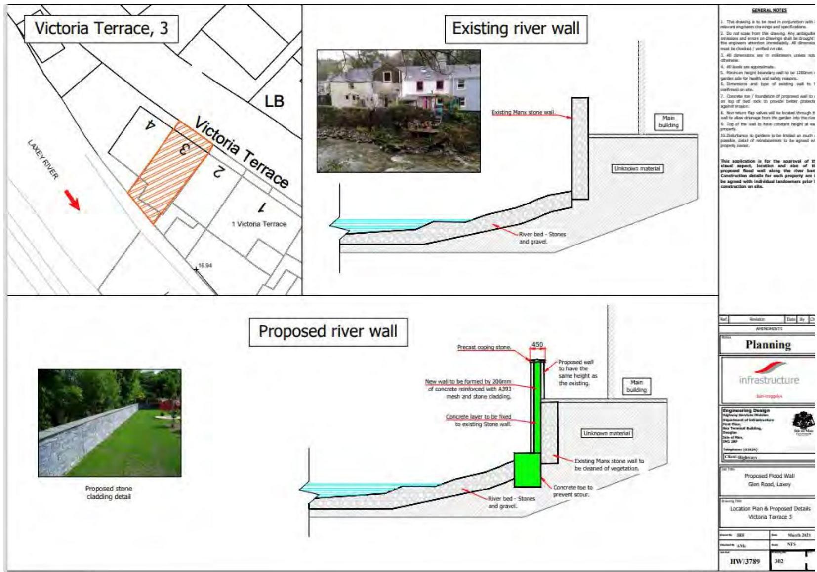 A technical planning sheet displaying a site plan and cross-sections for a proposed flood wall along the Laxey River at Victoria Terrace. It details the existing and proposed river wall structures, including materials...