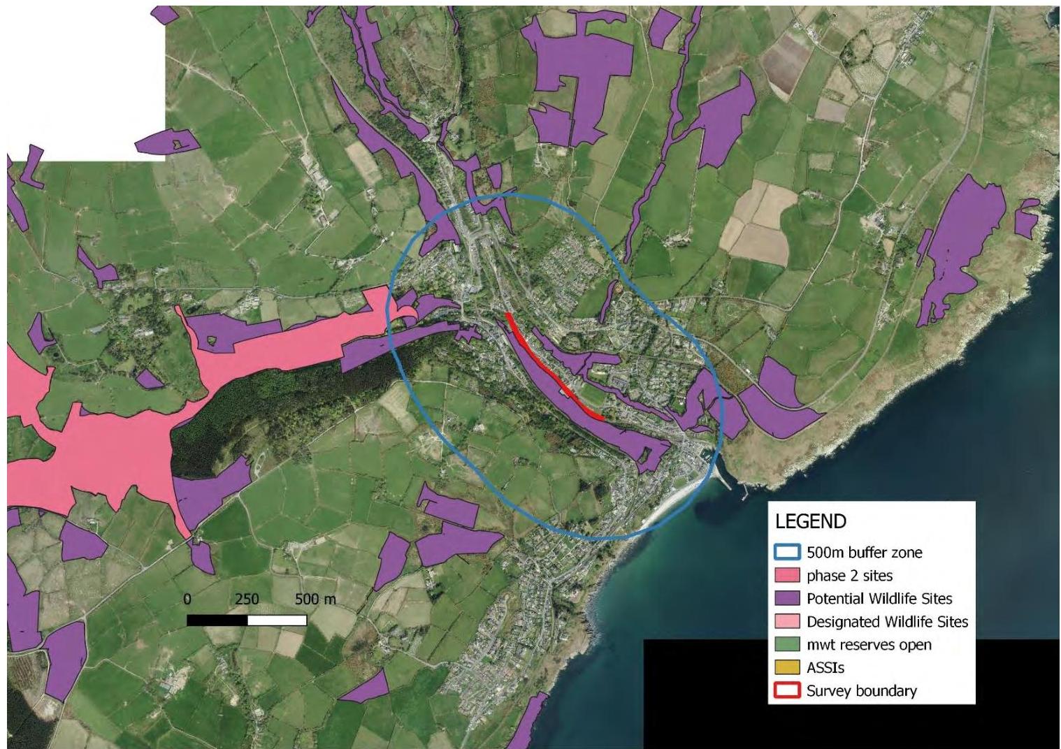 An aerial site location map displaying environmental designations, including potential wildlife sites and buffer zones along the coast.
