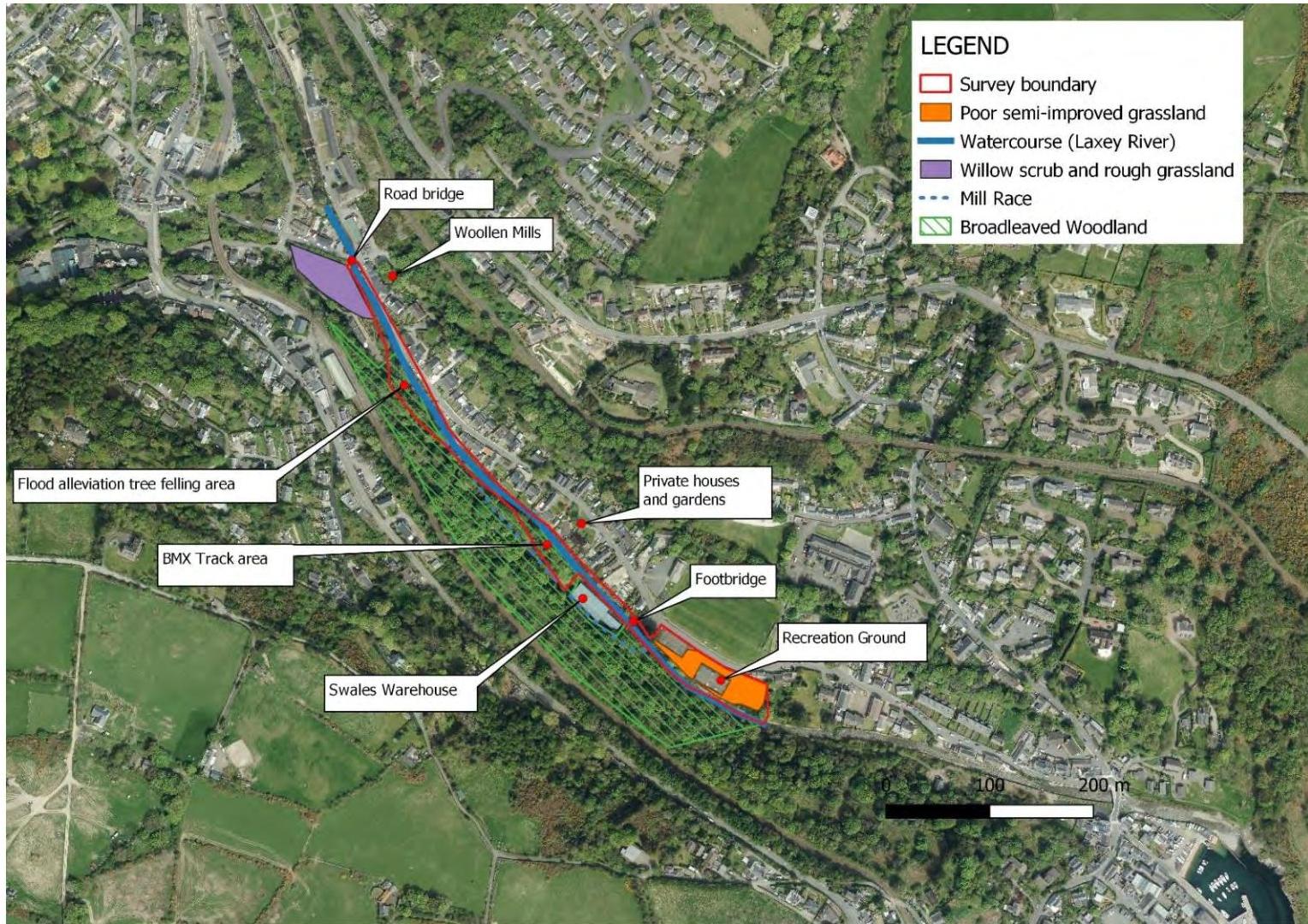 An aerial site plan showing the Laxey River corridor with colored overlays indicating vegetation types, survey boundaries, and specific project areas like tree felling zones.
