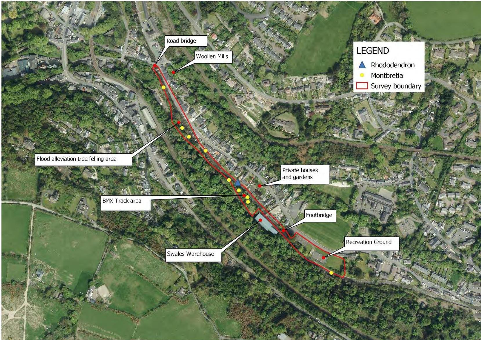 An aerial site plan overlaid with annotations showing a survey boundary, flood alleviation area, and local landmarks like the Woollen Mills.
