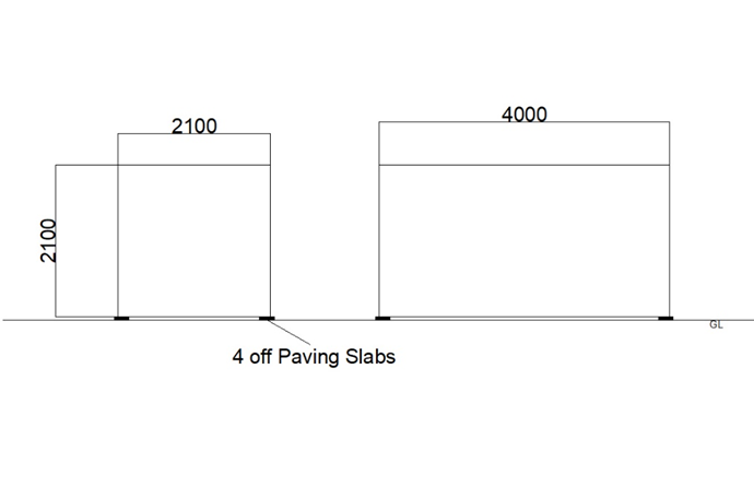 A technical elevation drawing illustrating two rectangular storage containers with specific dimensions and a note indicating paving slabs at the base.